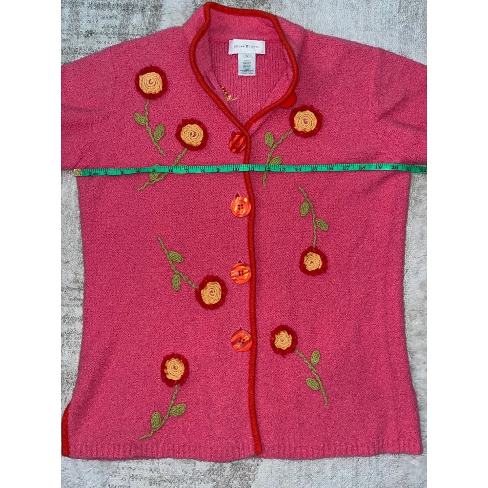 Susan Bristol Vintage Pink Hand Embroidered Floral Cardigan Sweater Large Womens - Picture 3 of 5
